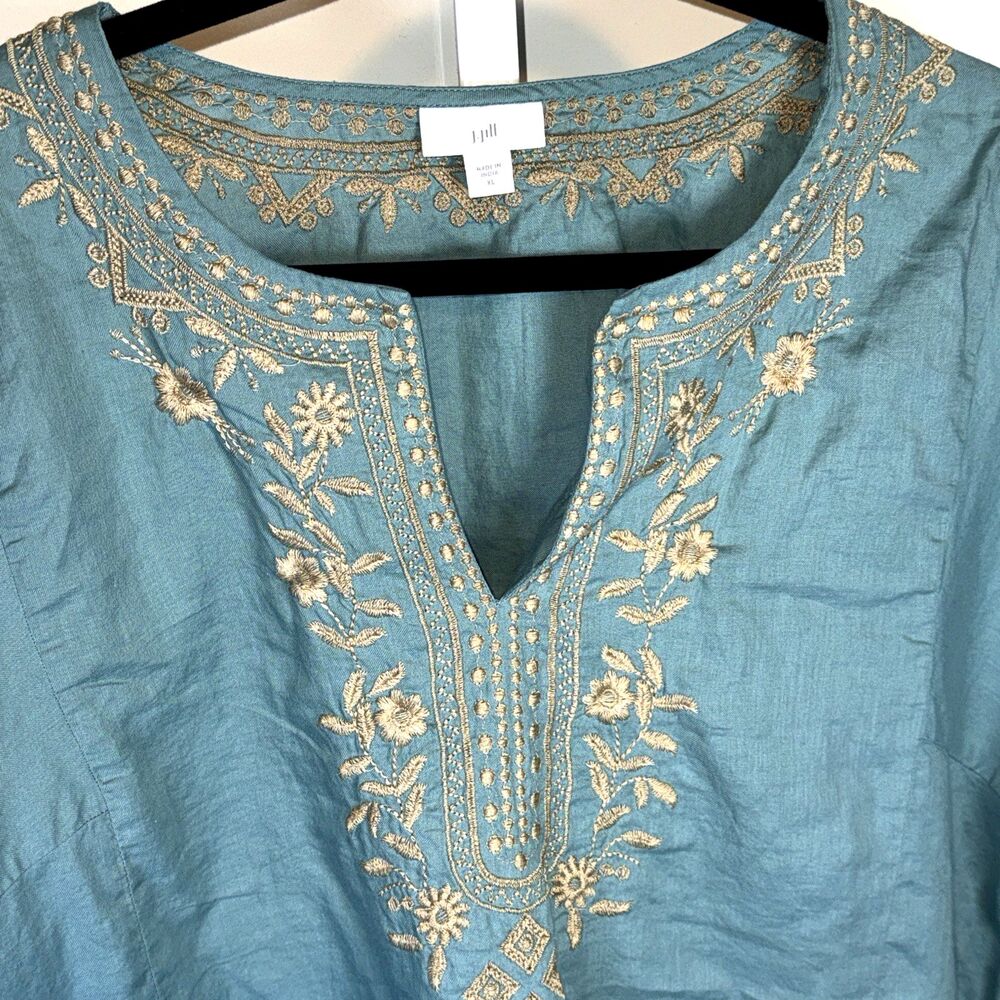 J Jill Detailed Embroidery Soft Cotton Twill Top V Neck Boho Blue/Tan XL $99 - Picture 5 of 10